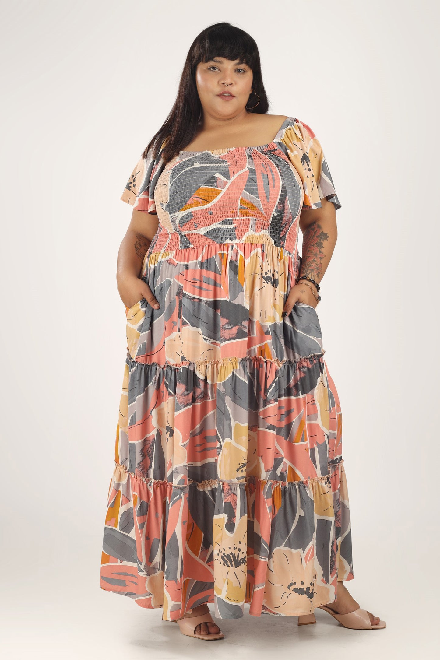 Floral Fusion | Peach Tiered Smocking Dress With Pockets