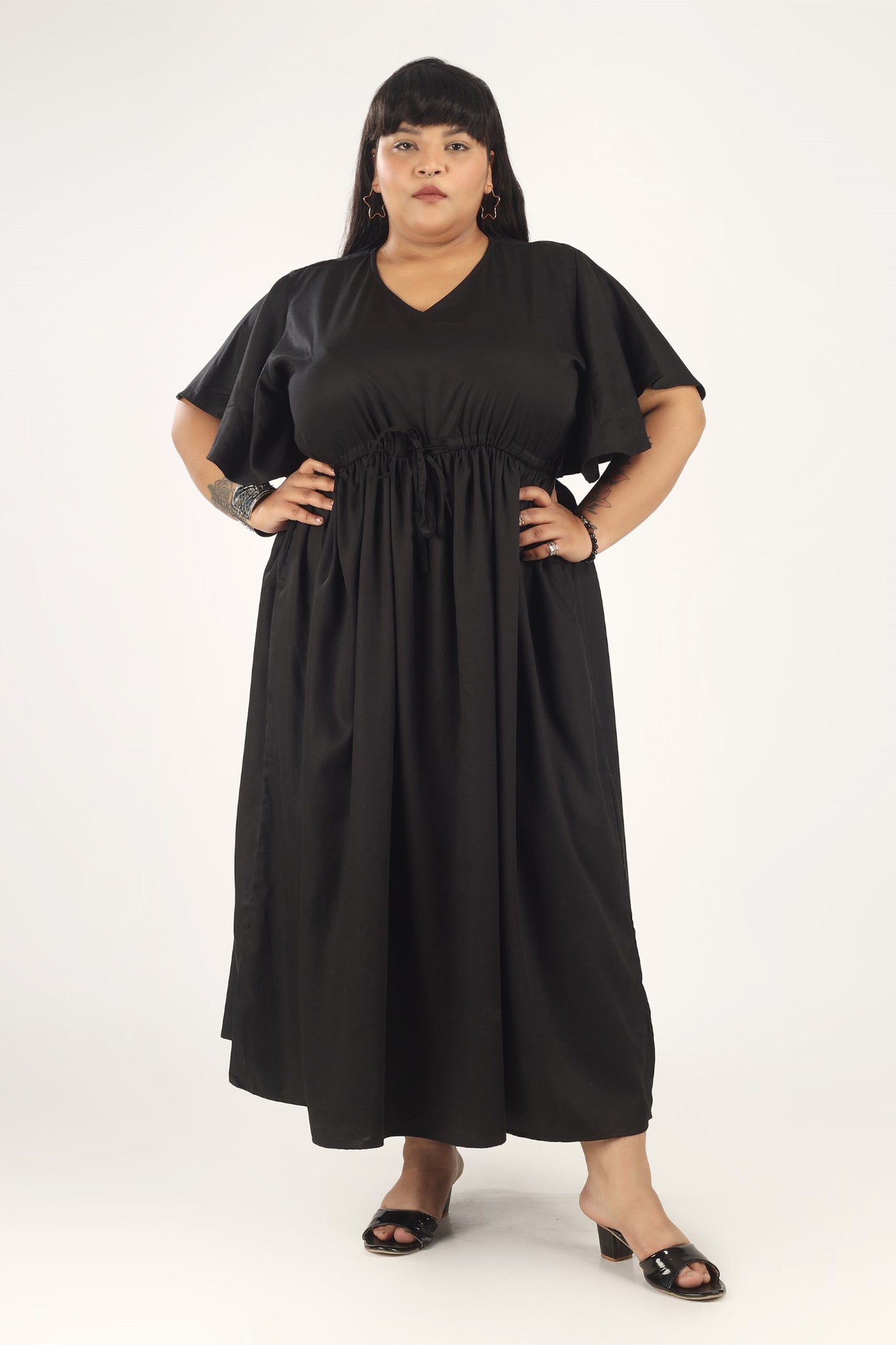 Ebony Elegance | Black Frill Sleeve Dress With Pockets