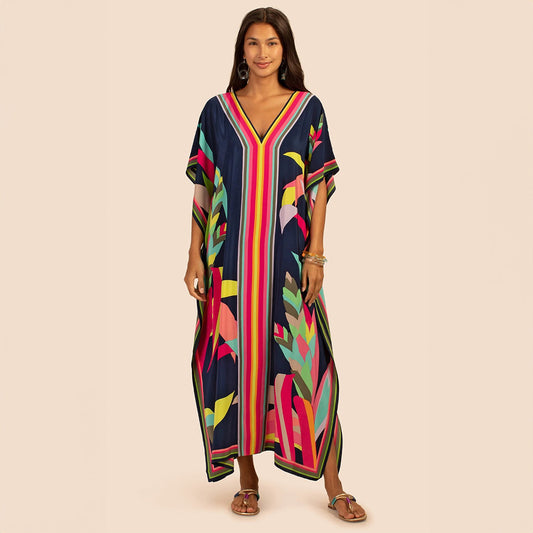 Earthen Threads Party Wear Beach Kaftan Kimono Crepe Dress-J5680