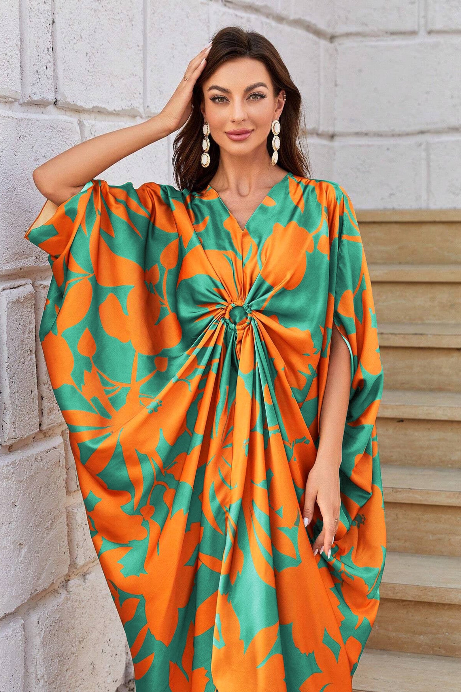 Knotty Nice Orange Floral Kaftan Dress