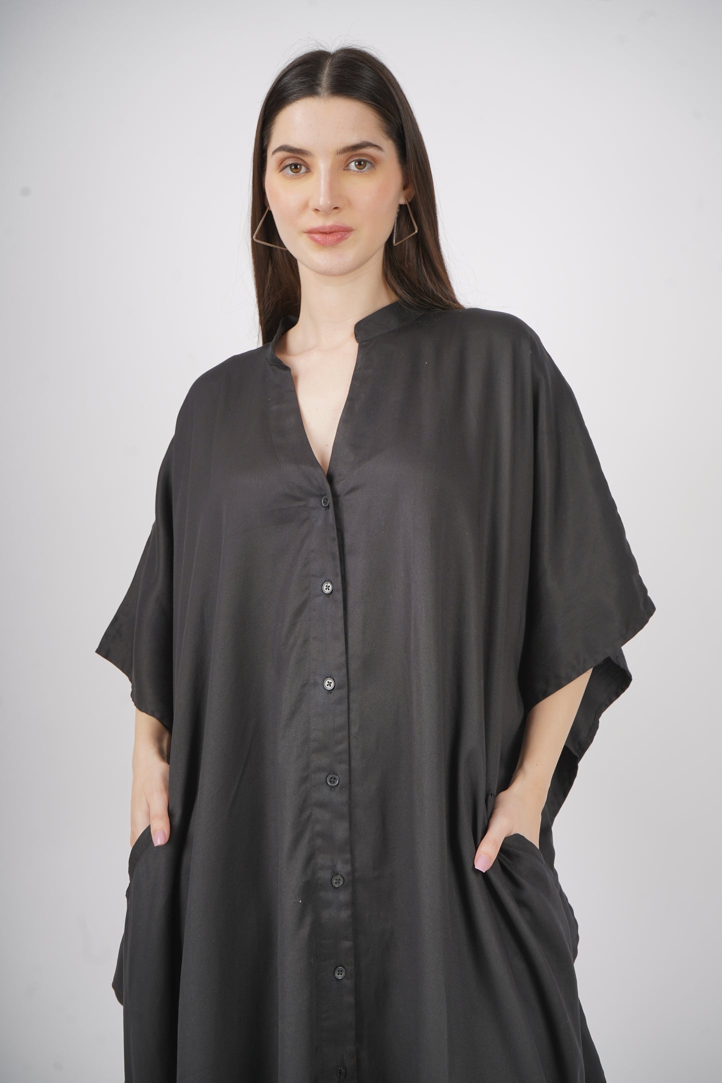 Ebony Elegance | Black Shirt Dress With Pockets | One Size Fits AU 10 - 24