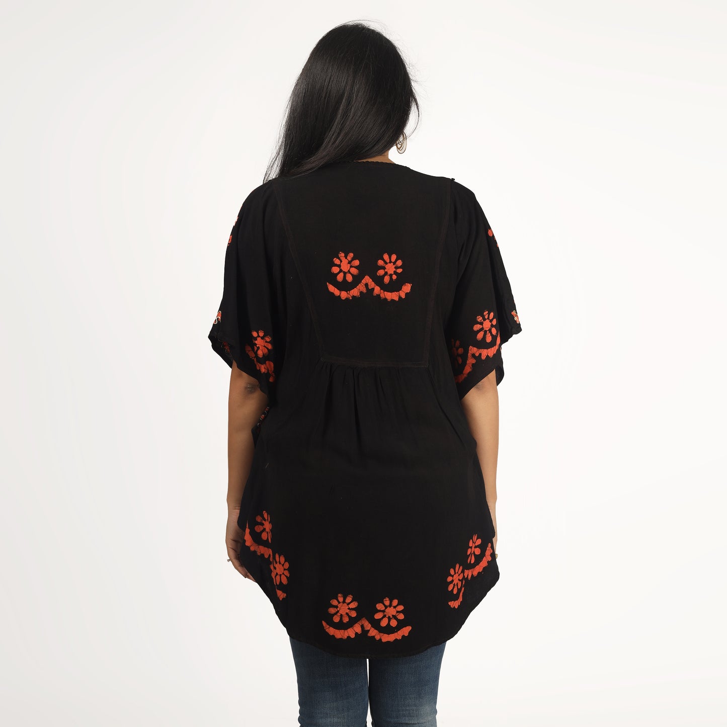 Orange Batik Embroidered Poncho Top | Free Size