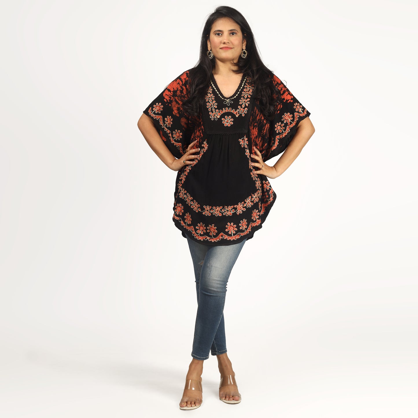 Orange Batik Embroidered Poncho Top | Free Size