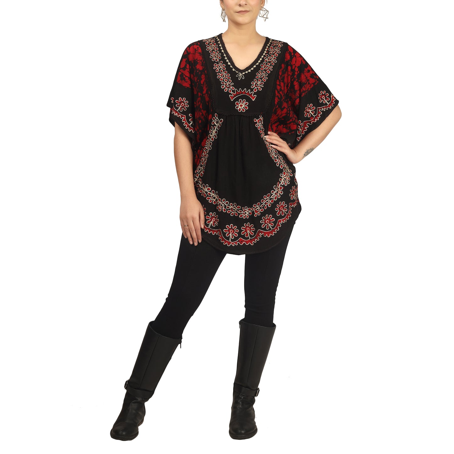 Red Batik Embroidered Poncho Top | Free Size