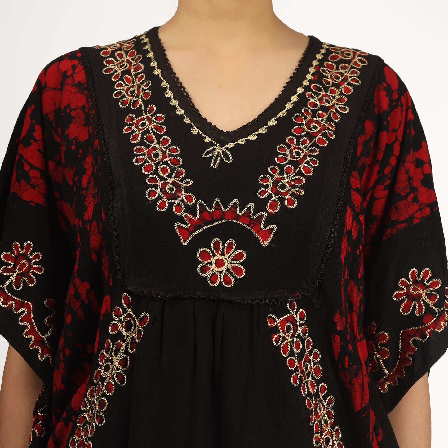 Red Batik Embroidered Poncho Top | Free Size