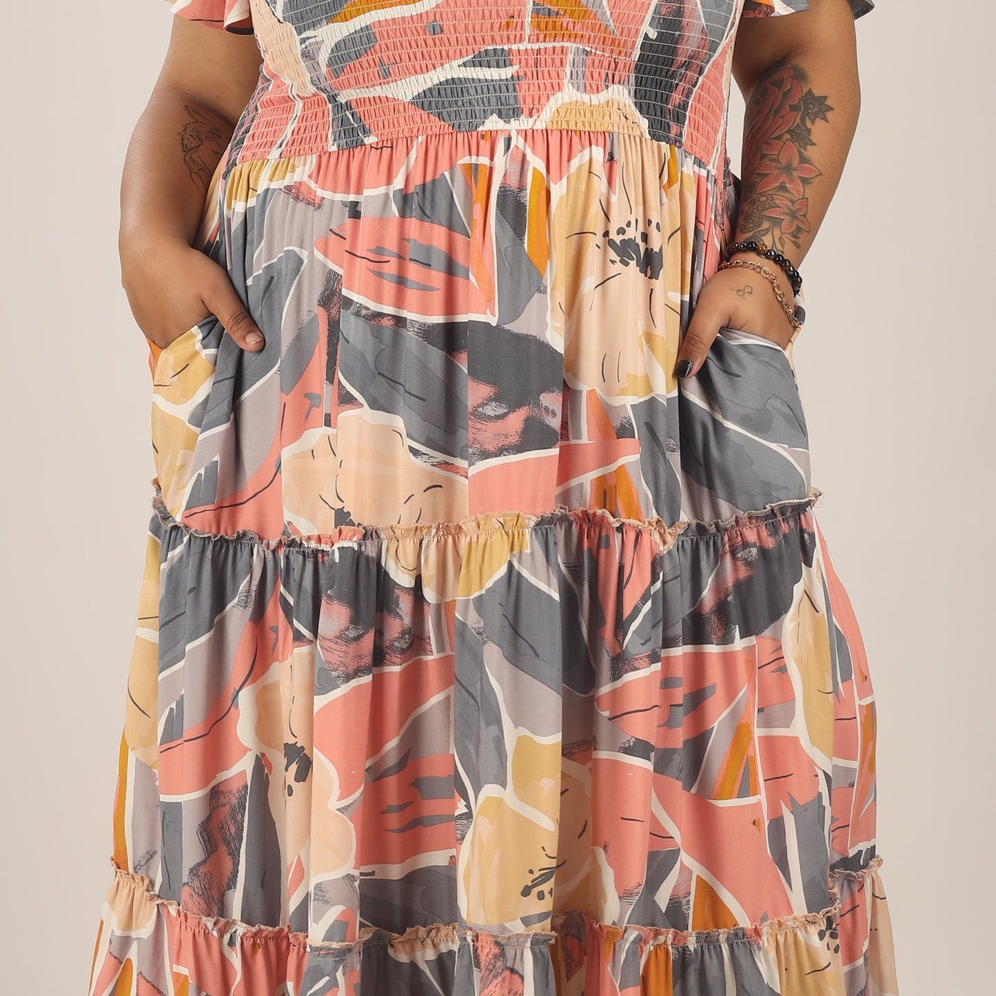 Floral Fusion | Peach Tiered Smocking Dress With Pockets