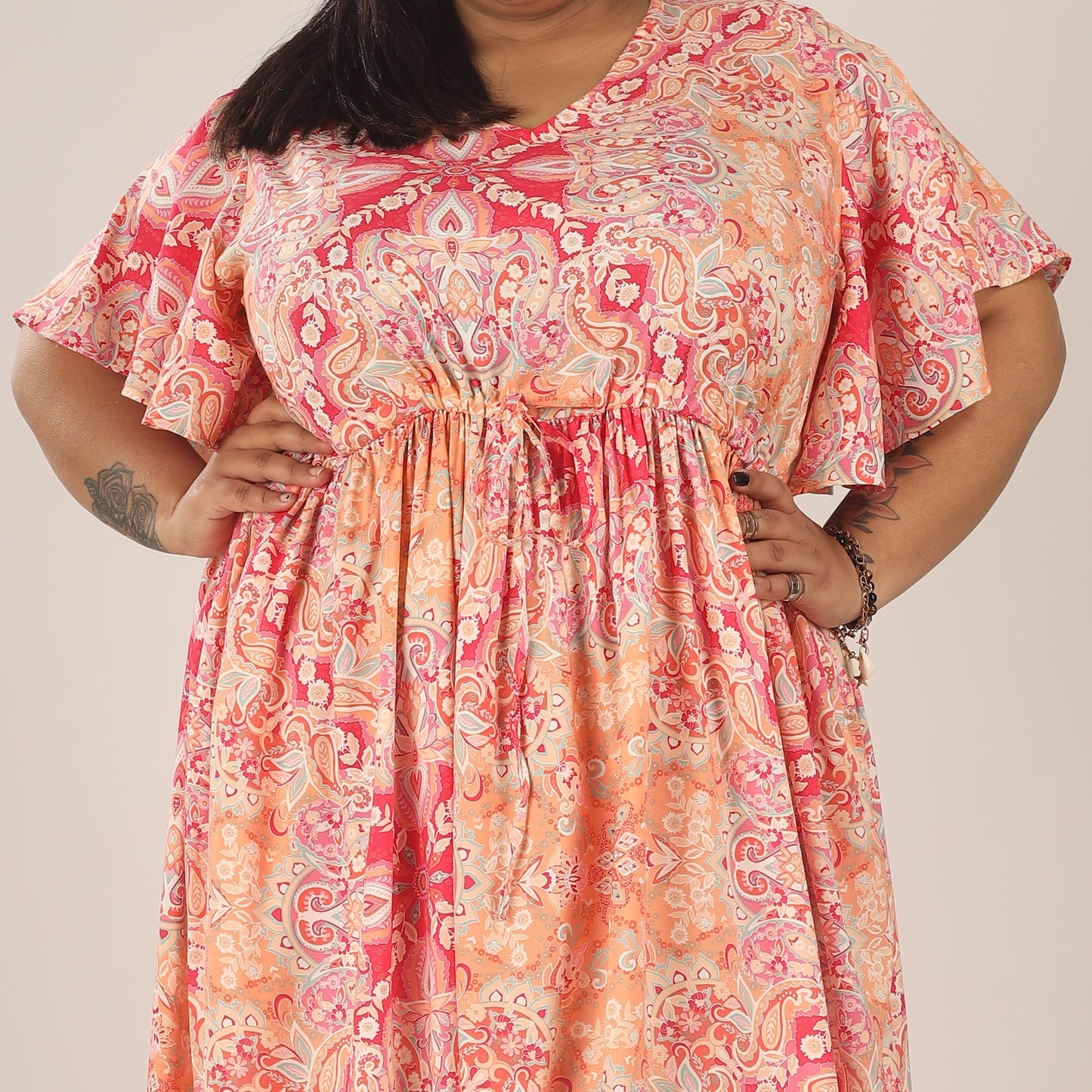 Paisley Dreams | Pink Frill Sleeve Dress With Pockets