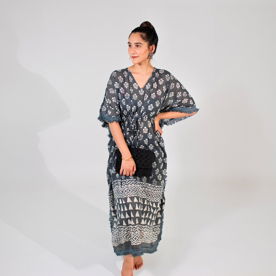 Grey Hand Block Printed Grey 100% Cotton Kaftan