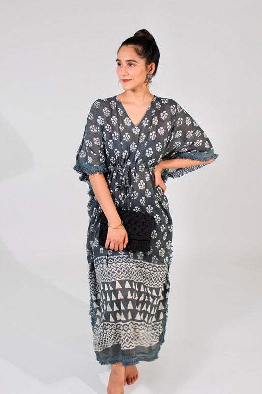 Grey Hand Block Printed Grey 100% Cotton Kaftan