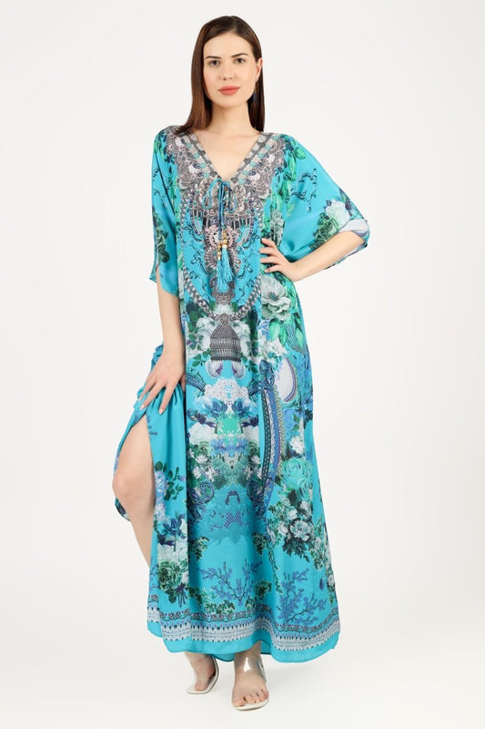 Serenity' Luxe Art Silk Kaftan Dress - Earthen Threads