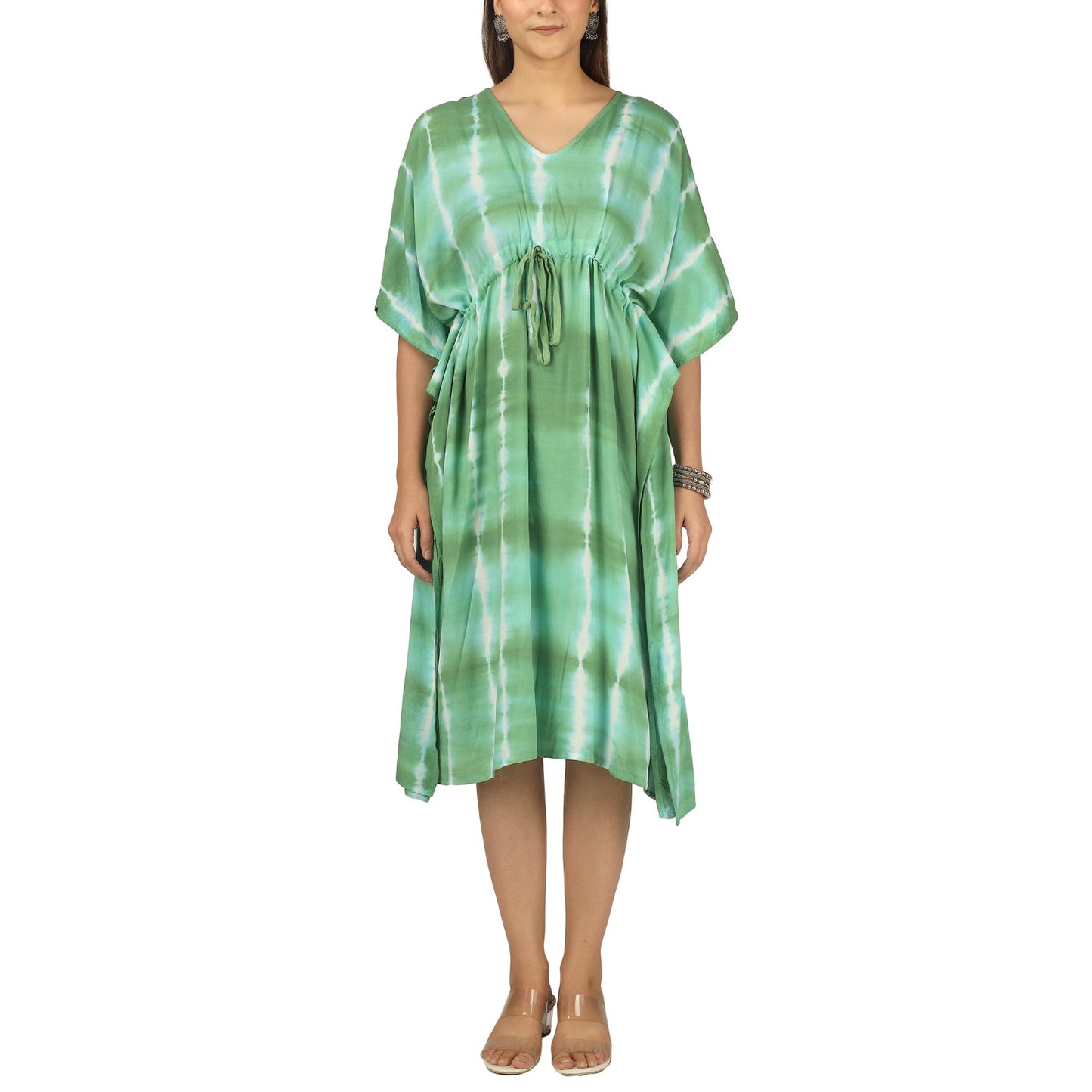 Earthen Threads Beach Summer Shibori Tie Dye Short Kaftan Kimono Green