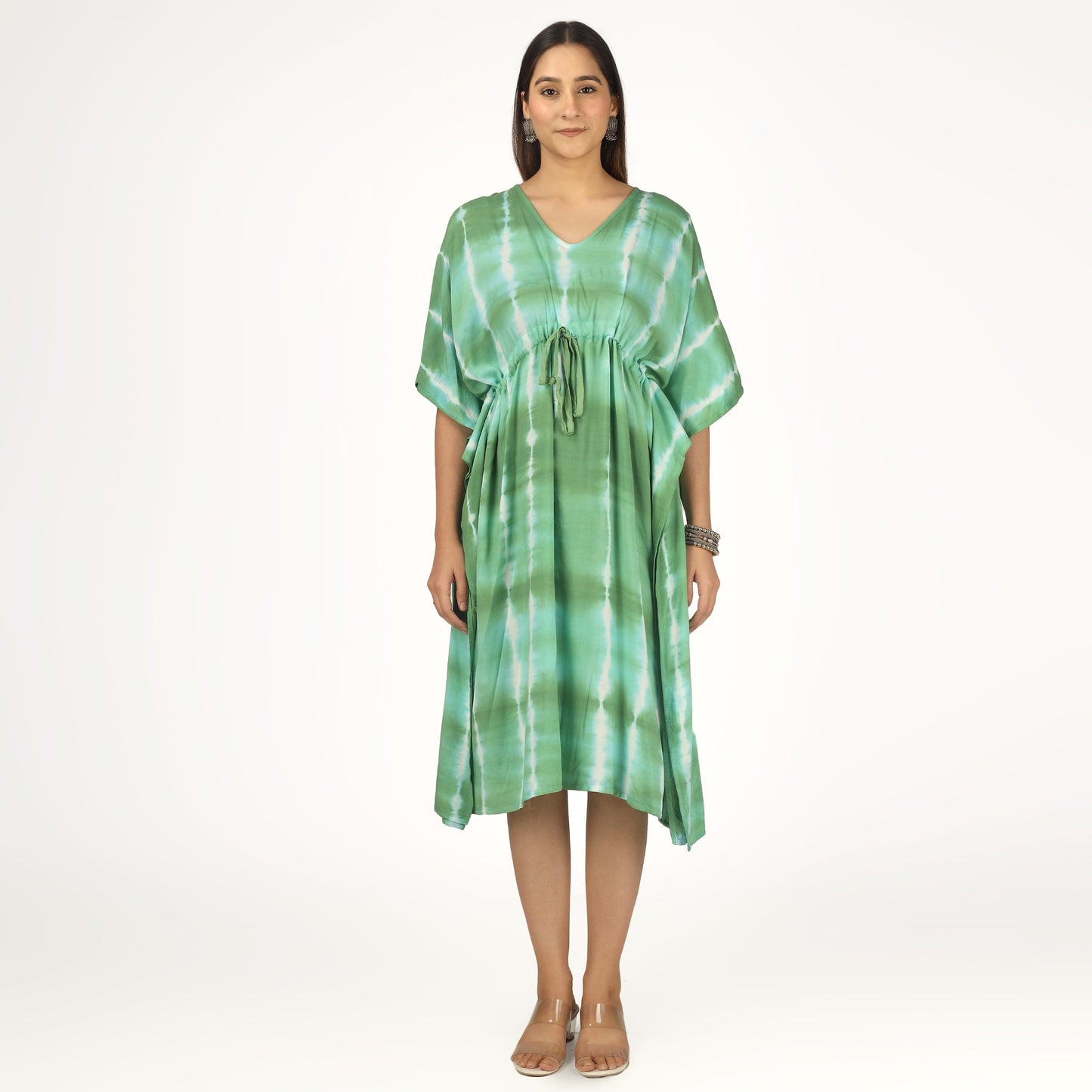 Earthen Threads Beach Summer Shibori Tie Dye Short Kaftan Kimono Green