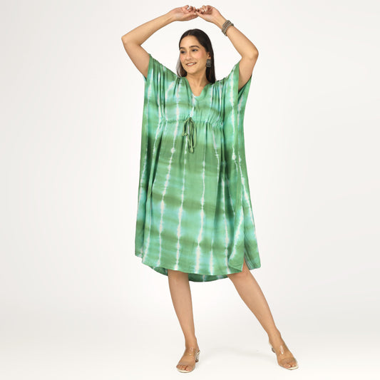 Earthen Threads Beach Summer Shibori Tie Dye Short Kaftan Kimono Green