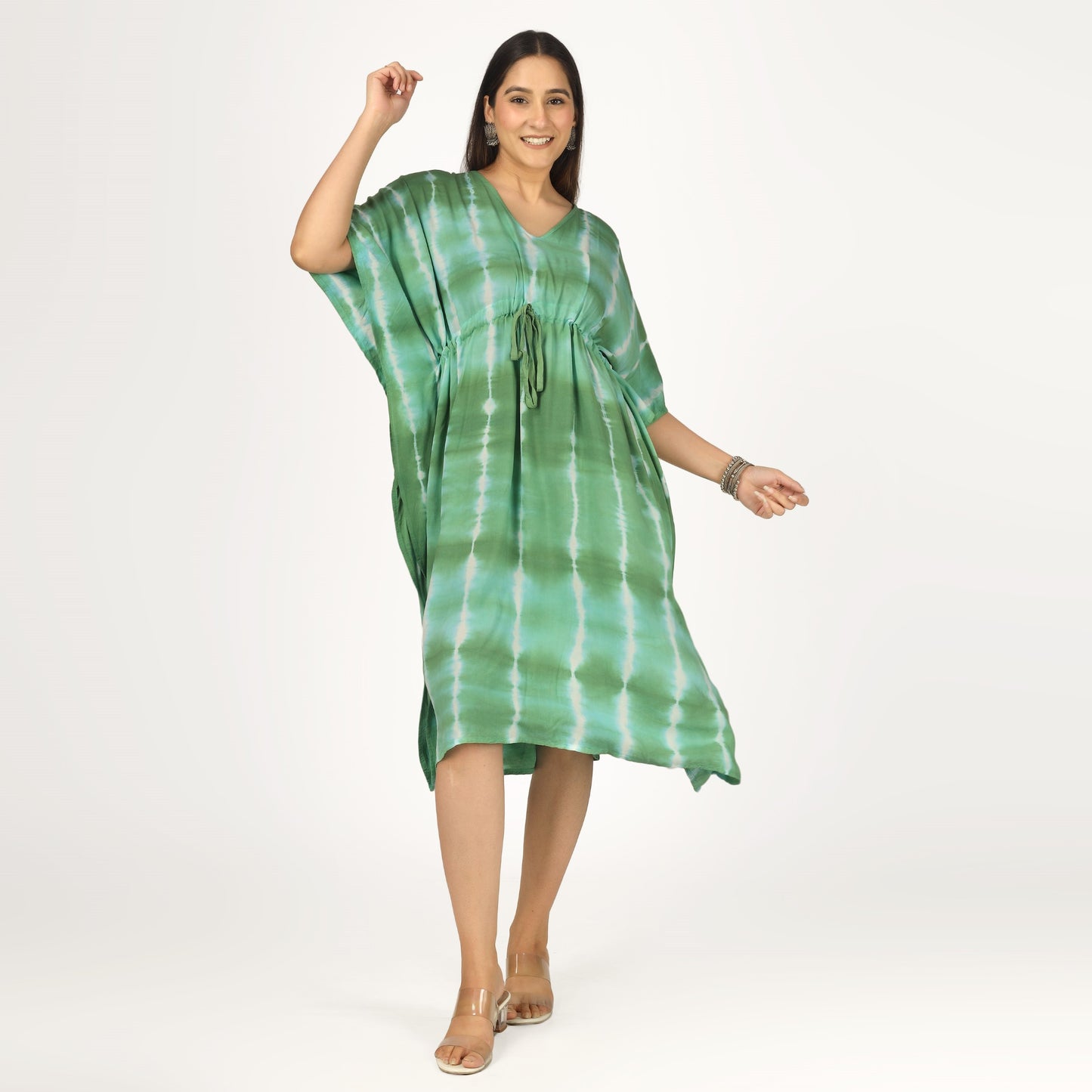 Earthen Threads Beach Summer Shibori Tie Dye Short Kaftan Kimono Green
