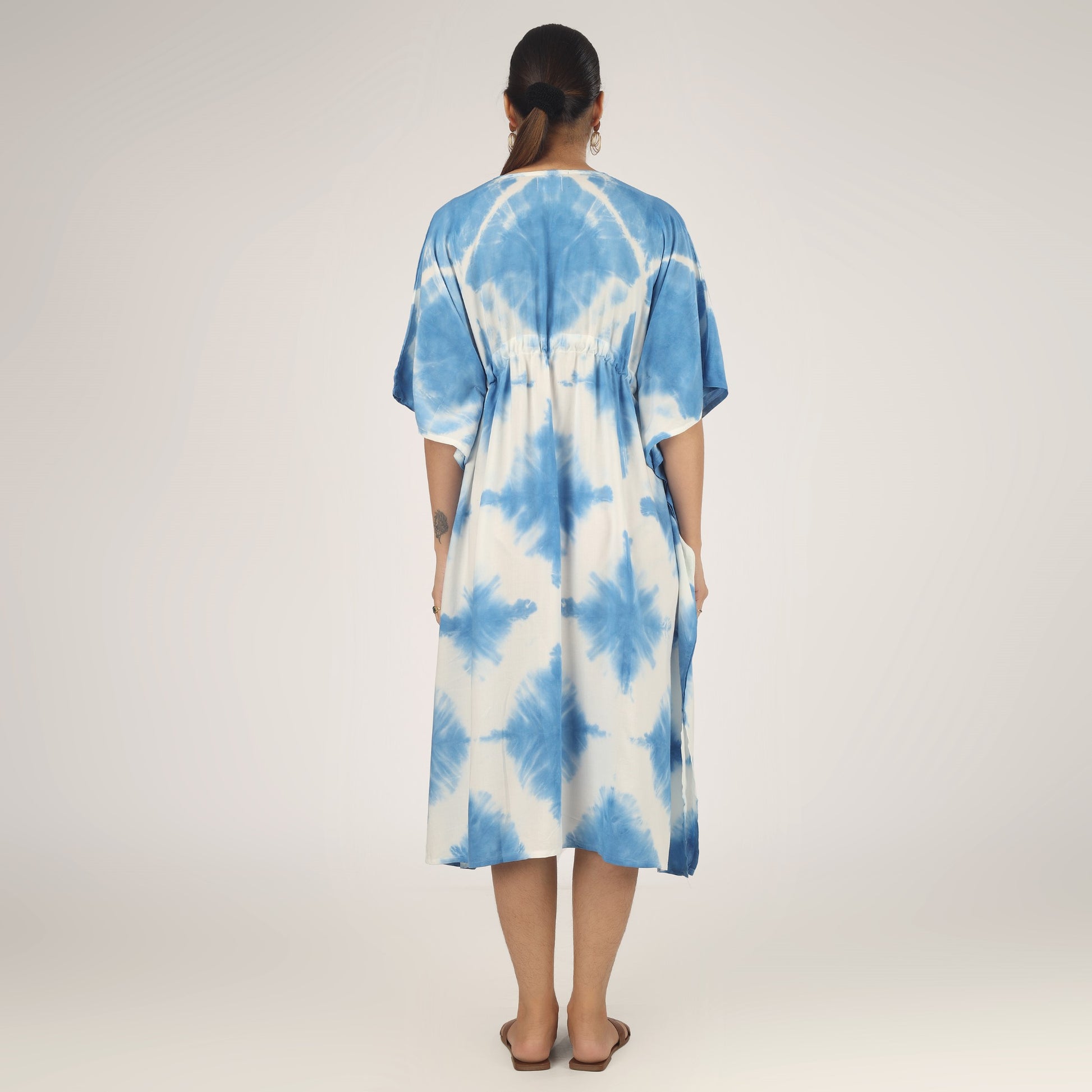 Earthen Threads Beach Summer Shibori Tie Dye Short Kaftan Kimono Blue