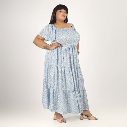 Women's Plus Size Kaftan Dress with Smocking (Sky Blue)