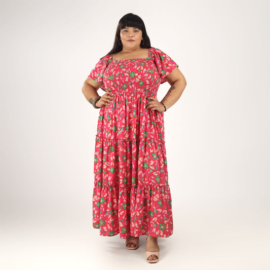 Women's Plus Size Kaftan Dress with Smocking (Pink Floral)