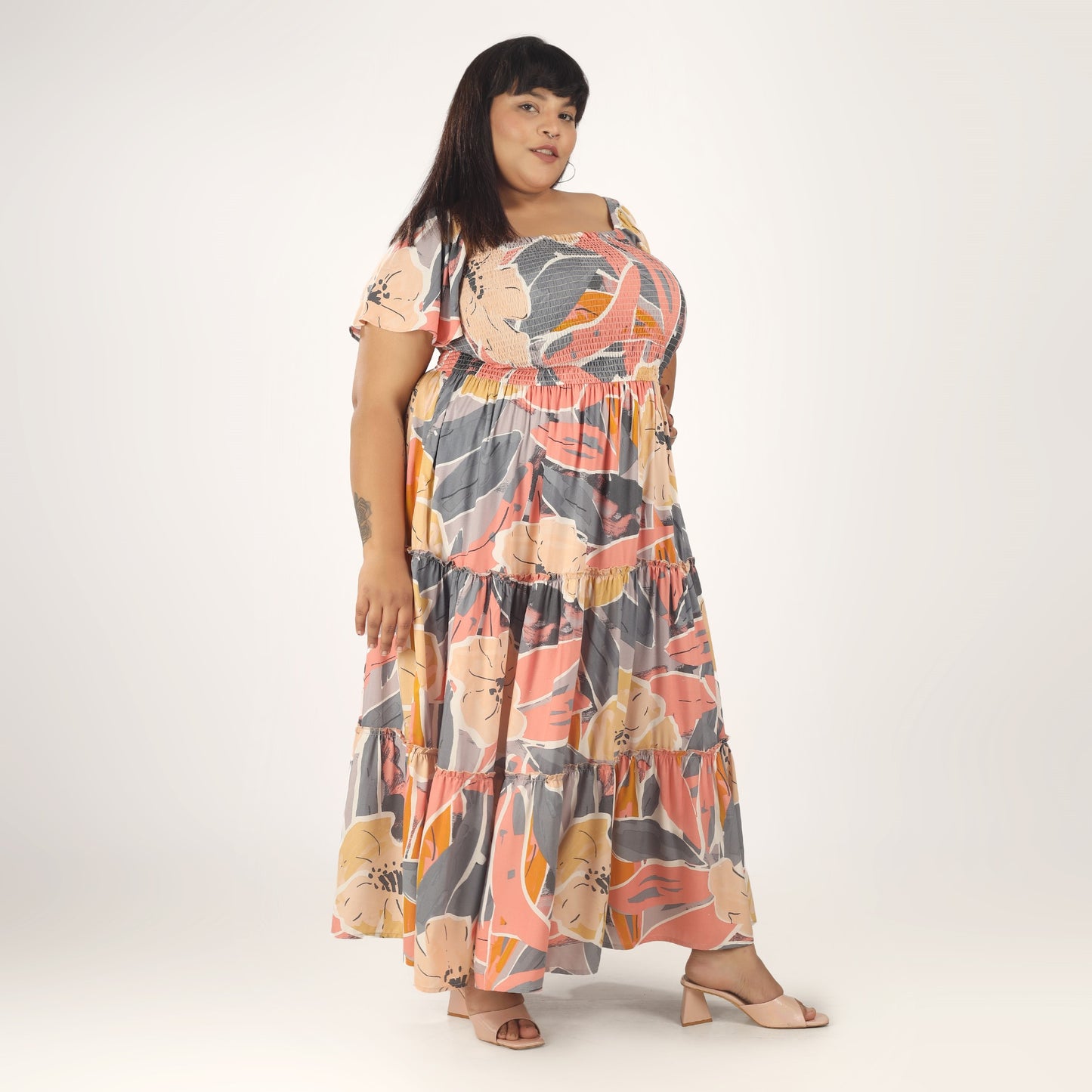 Women's Plus Size Kaftan Dress with Smocking (Floral)