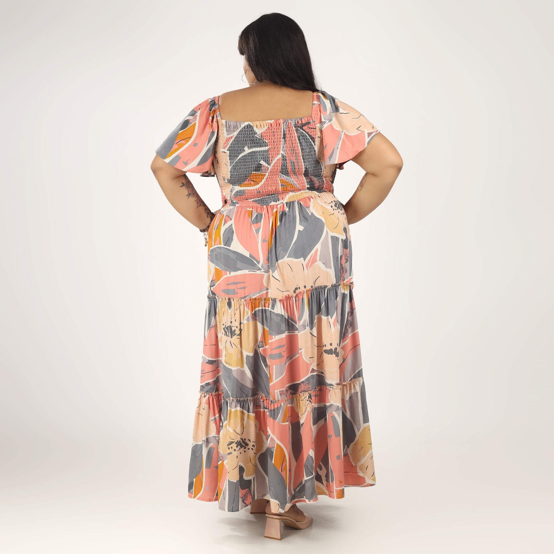 Women's Plus Size Kaftan Dress with Smocking (Floral)
