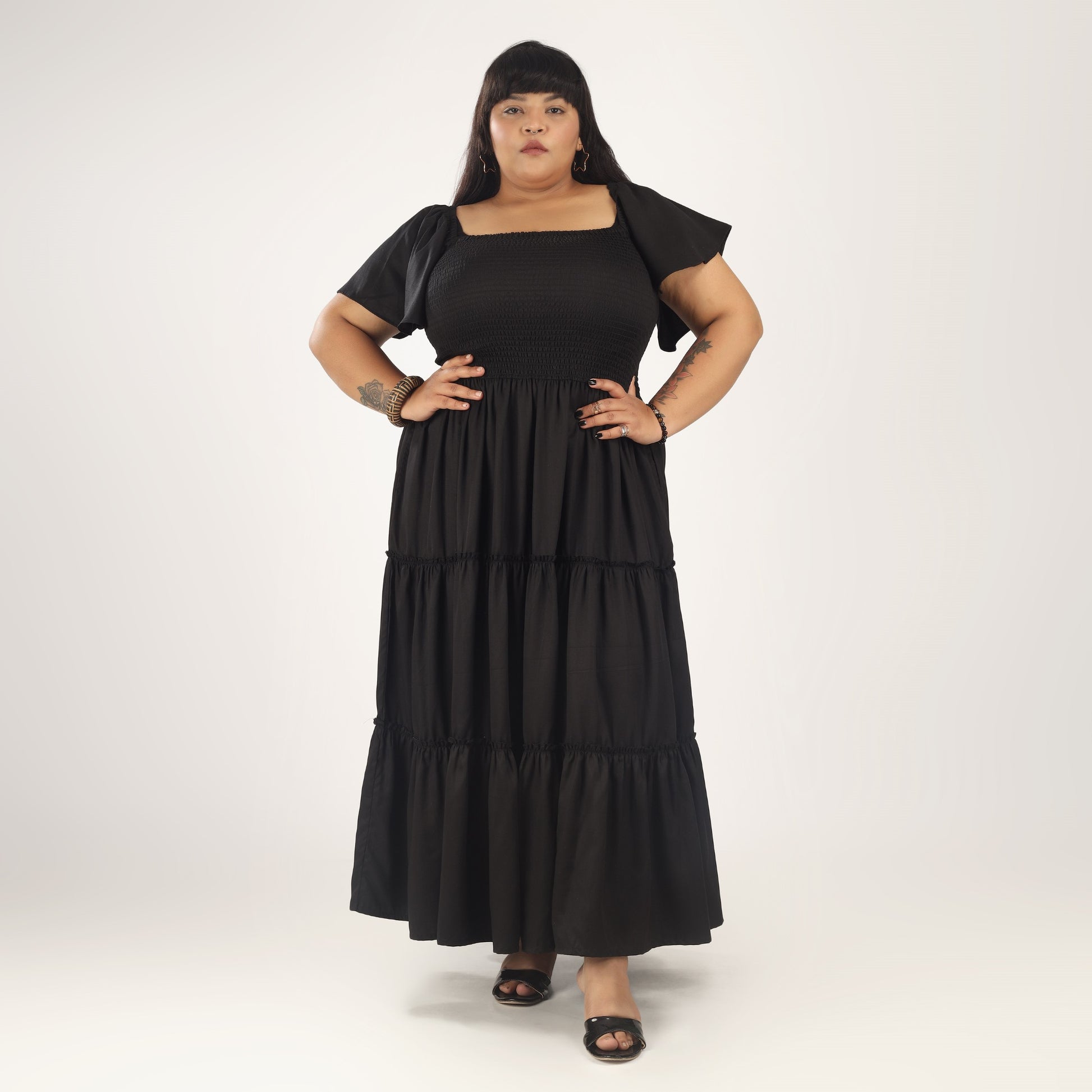 Women's Plus Size Kaftan Dress with Smocking (Black)