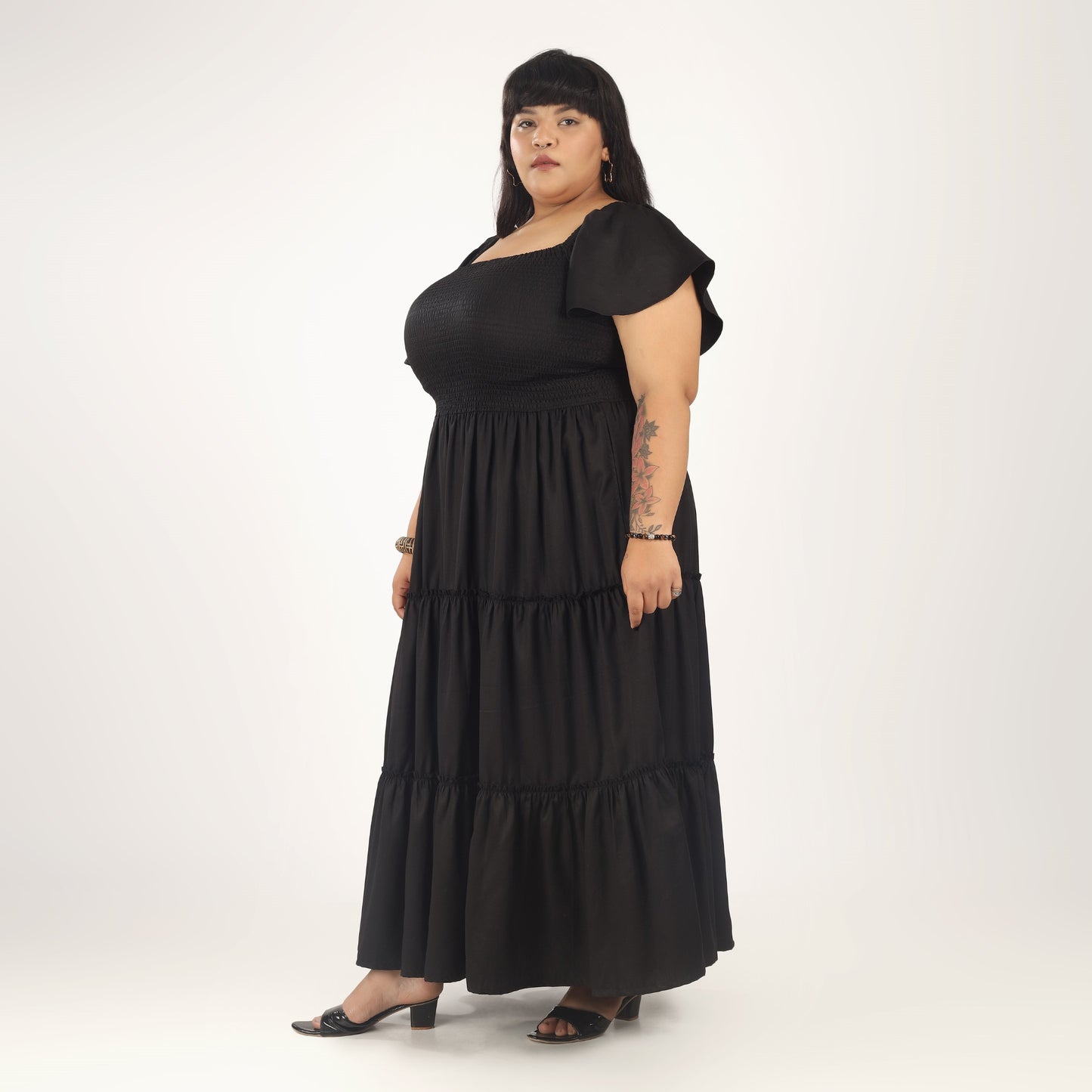Women's Plus Size Kaftan Dress with Smocking (Black)