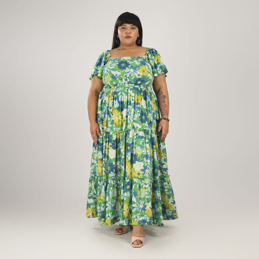 Women's Plus Size Kaftan Dress with Smocking (Big Floral)