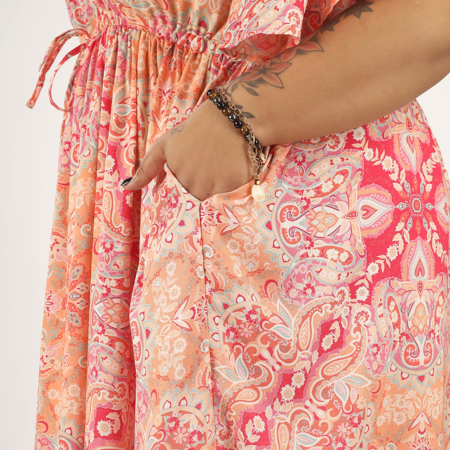 Pink Paisley Frill Sleeve Dress