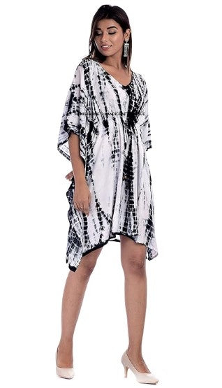 Earthen Threads Beach Summer Shibori Tie Dye Short Kaftan Kimono White