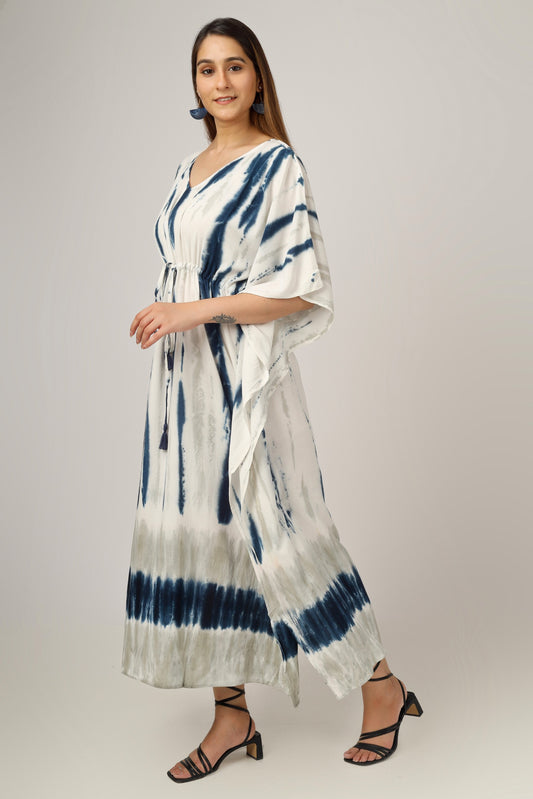 Earthen Threads Beach Summer Shibori Tie Dye Kaftan Kimono White Blue