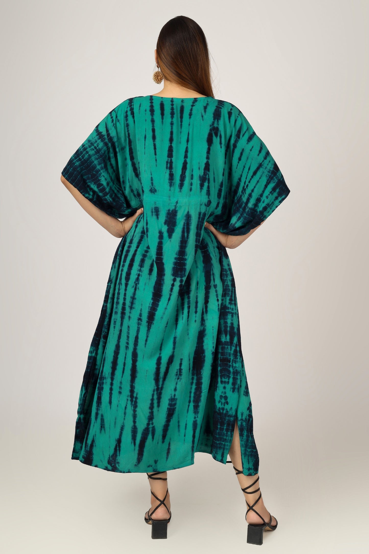 Earthen Threads Beach Summer Shibori Tie Dye Kaftan Kimono Teal Green