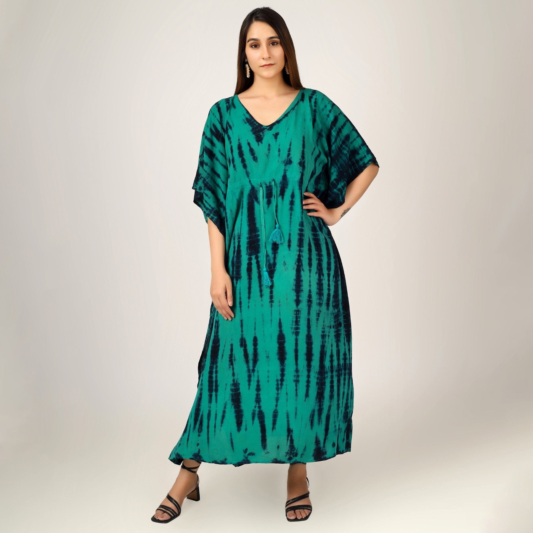 Earthen Threads Beach Summer Shibori Tie Dye Kaftan Kimono Teal Green