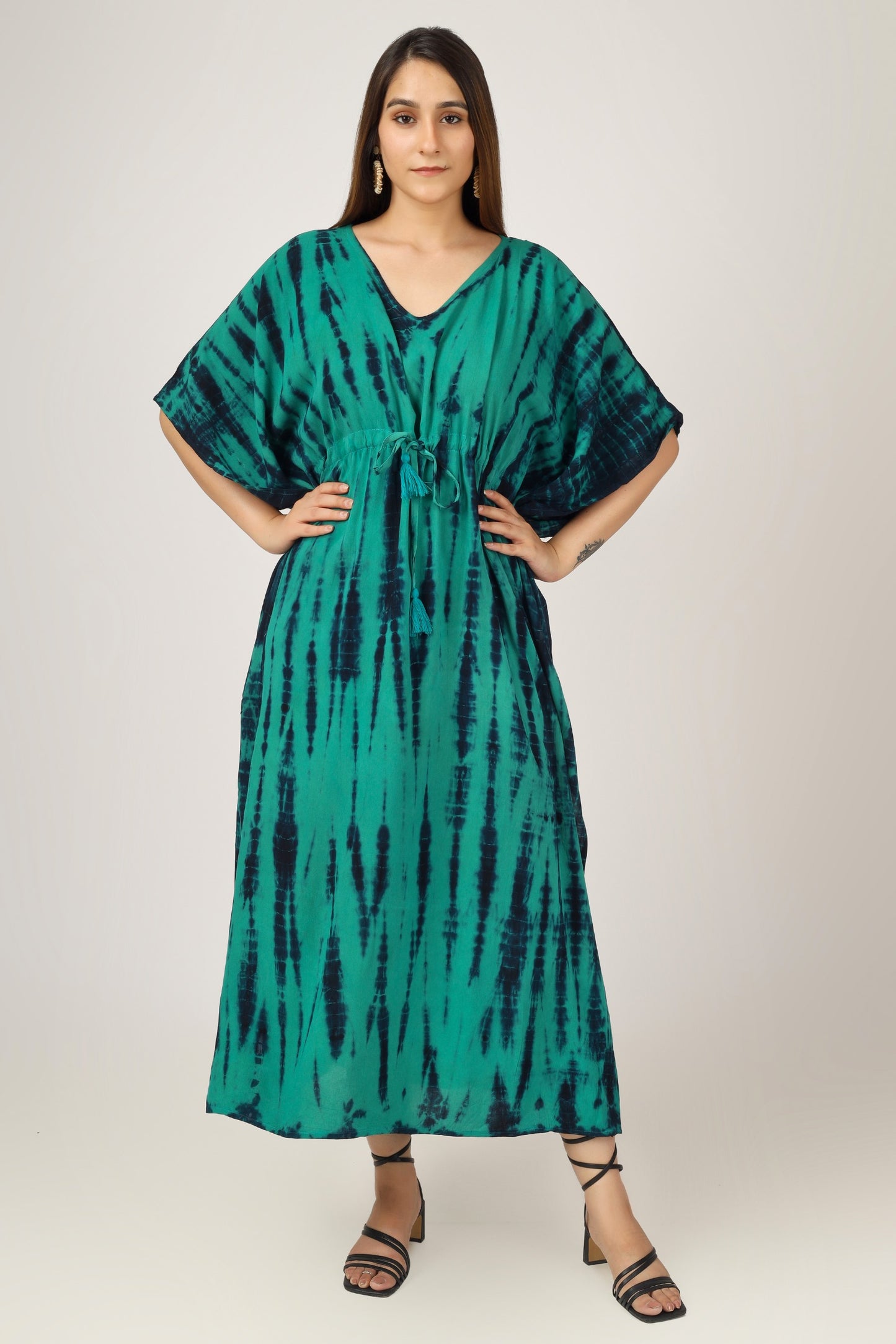 Earthen Threads Beach Summer Shibori Tie Dye Kaftan Kimono Teal Green