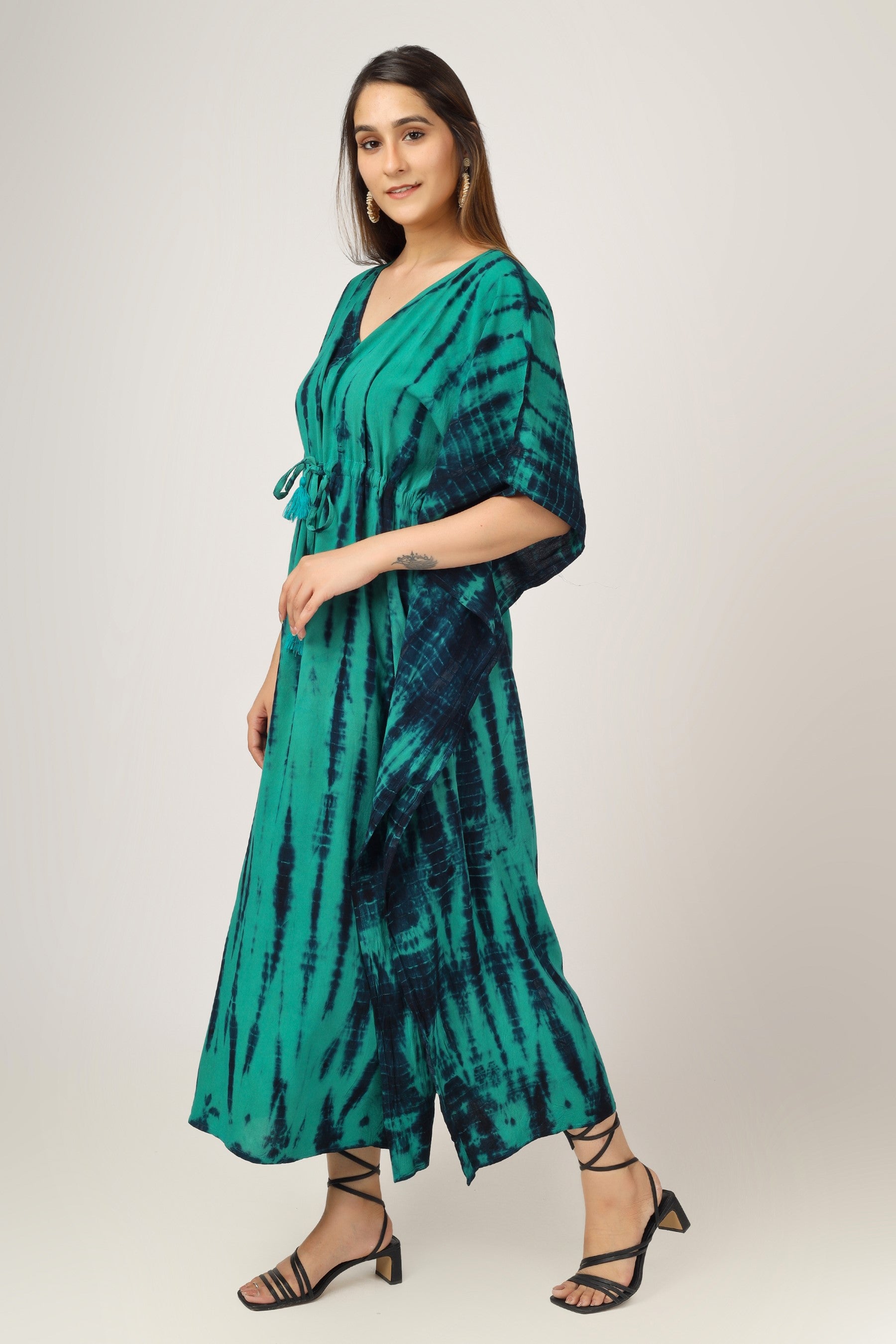 Earthen Threads Beach Summer Shibori Tie Dye Kaftan Kimono Teal Green