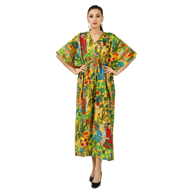 Earthen Threads Women's Kaftan Beach Cover-Up: Stylish and Versatile Summer Caftan Dress Yellow