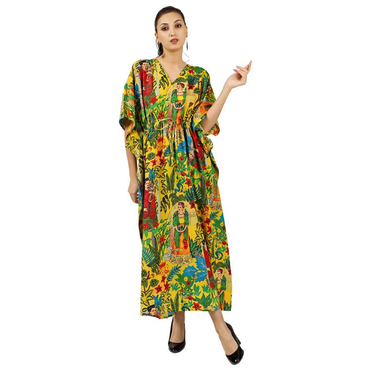 Earthen Threads Women's Kaftan Beach Cover-Up: Stylish and Versatile Summer Caftan Dress Yellow