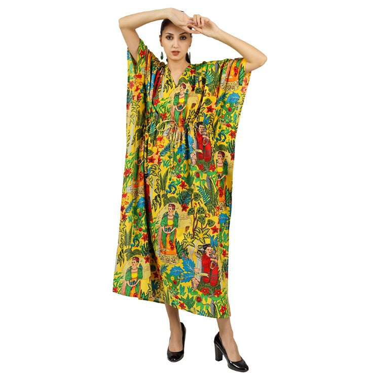 Earthen Threads Women's Kaftan Beach Cover-Up: Stylish and Versatile Summer Caftan Dress Yellow