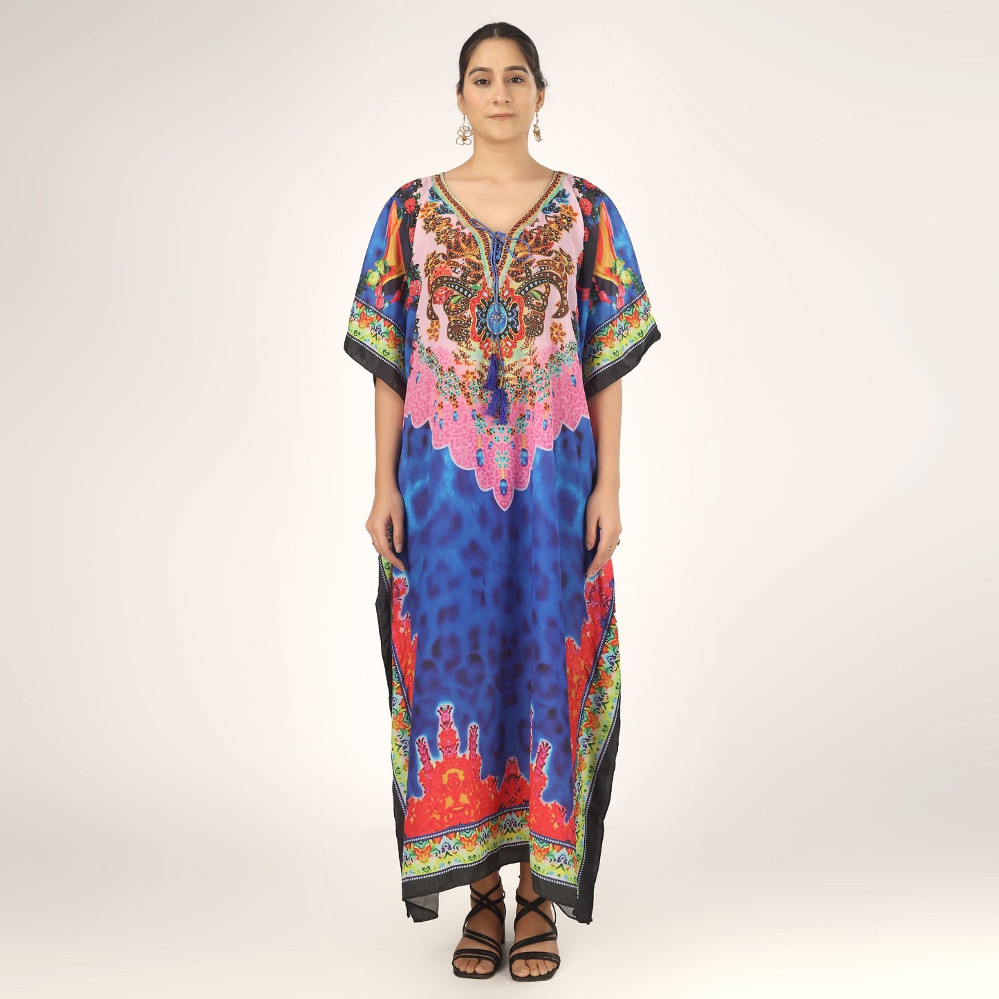 Earthen Threads Resort Wear Beach V Neck Kaftan with Embellishments Free Size Purple