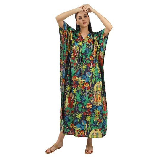 Earthen Threads Women's Kaftan Beach Cover-Up: Stylish and Versatile Summer Caftan Dress Blue