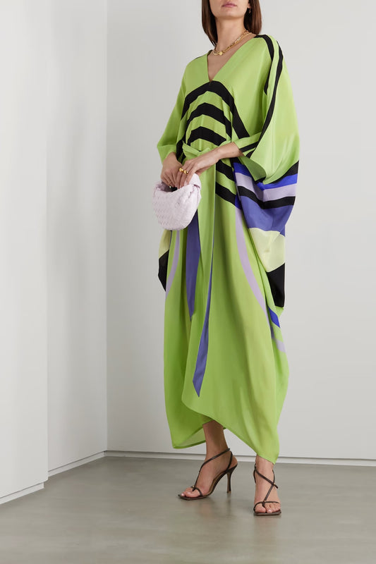 Earthen Threads Party Wear Beach Kaftan Kimono Crepe Dress-J5695