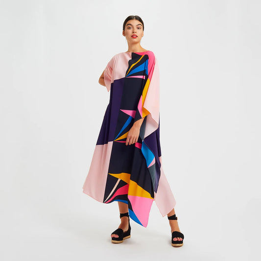 Earthen Threads Party Wear Beach Kaftan Kimono Crepe Dress-J5606